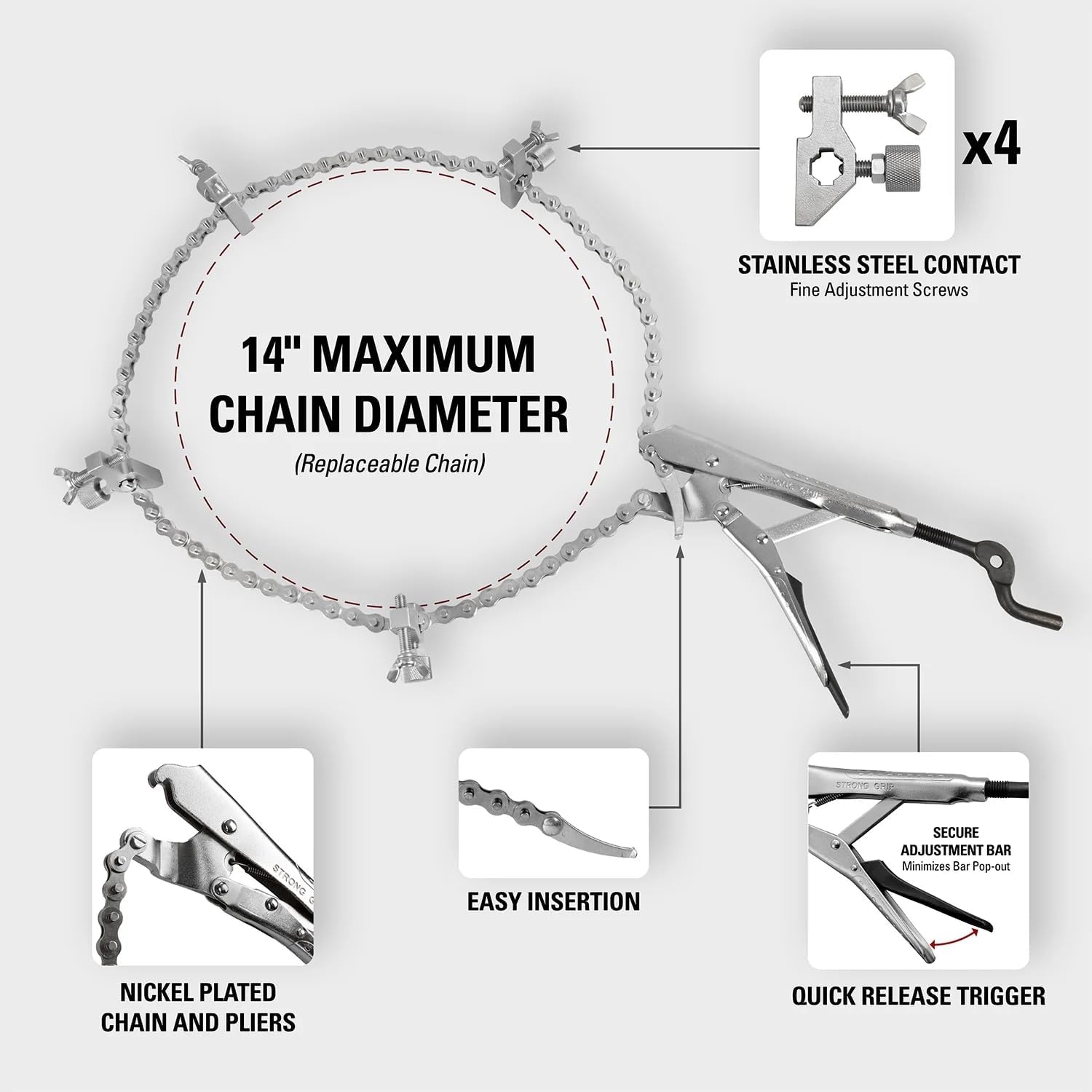 Strong Hand Tools, The Python, Pipe Alignment Chain Pliers, Adjustable Stainless-Steel Contacts, Replaceable Nickel Plated 48' Chain, 14' Max Diameter, PCA2048