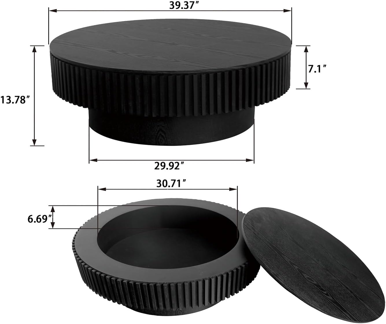39.37'' Round Coffee Table for Living Room, Fluted Coffee Table with Hidden Storage, Solid Wood Veneered Circle Table, Modern Tea Table for Small Space Apartment (Black)
