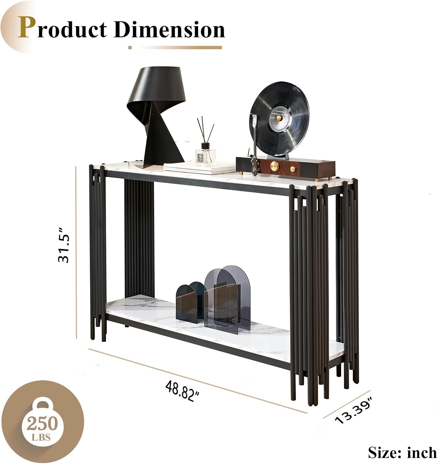 Elegant 2 Tier White Marble Console Table, Luxury Living Room Sofa Table with Black Geometric Frame, 48' Long Modern Entryway Table, Narrow Hallway Entrance Table with Adjustable Feet