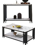 Elegant Marble Coffee Table Set of 2 White Faux Marble Coffee Table Console Table Set w/Black Metal Frame 2 Piece Living Room Table Set with 1 Rectangle Coffee Table & Sofa Table