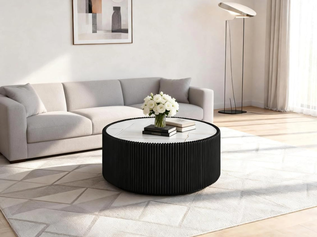 29.5 Inch Gold Pattern Sintered Stone Top & PU Leather Base Cylinder Coffee Table, Modern Drum Shape Side Table, No Assembly Black