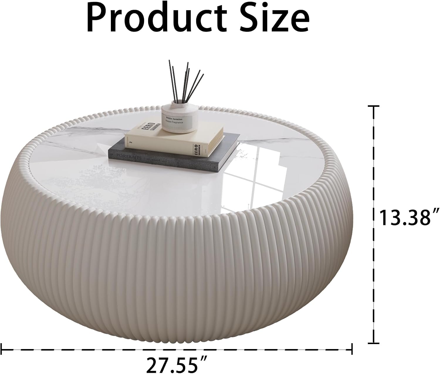 27.55' Round Marble Coffee Table,White Fluted Coffee Table with White Sintered Stone Top & PU Leather Covered, Modern Drum Coffee Cocktail Center Tables for Living Room,No Need Assembly