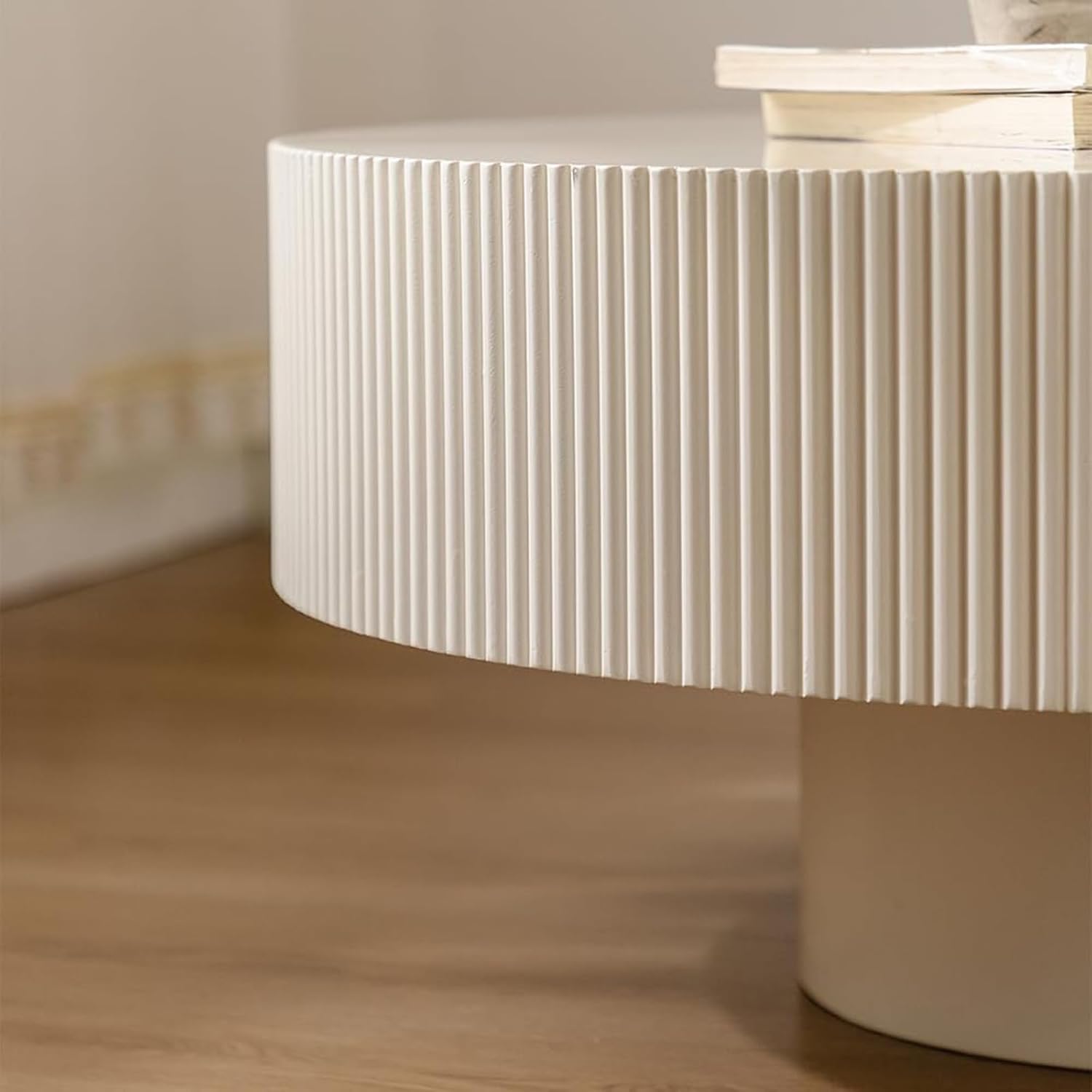 Round Fluted Coffee Table Round Drum Coffee Table for Living Room Modern Circular Pedestal Center Table (Circle Ivory White 30.9in)