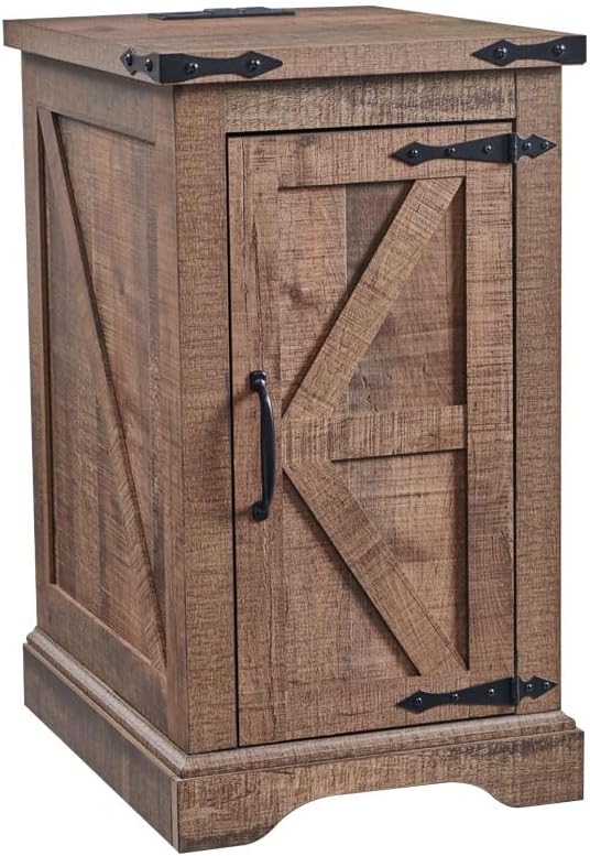 JXQTLINGMU Farmhouse Nightstand Set of 2 with Charging Station, 17'D Rectangular End Table with Barn Door & Adjustable Storage Shelf, Wood Rustic Sofa Side Table for Living Room, Bedroom, Light Brown