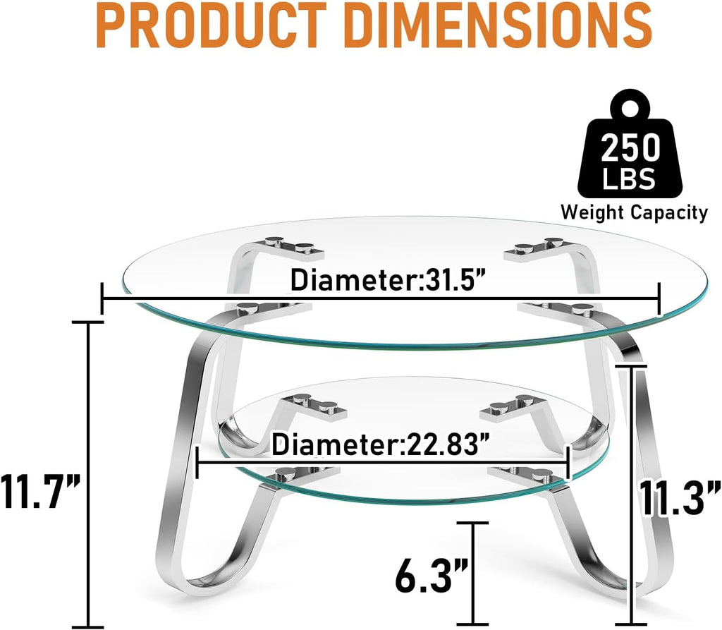 Rovibek Round Glass Coffee Table, 31.5 Modern Round Glass Coffee Tables with Storage and Metal Frame, 2-Tier Tempered Glass Top Small Center Table for Living Room, Easy Assembly, Sliver