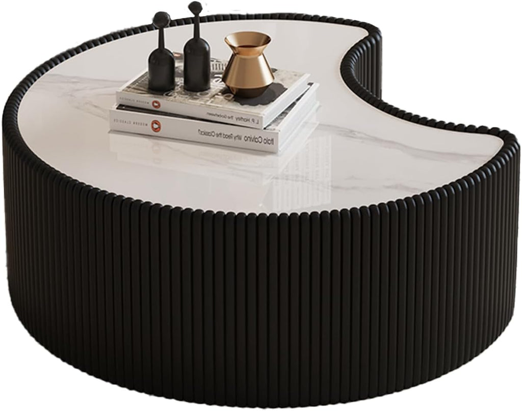 29.5' Irregular Shape Coffee Table, Light Grey Sintered Stone Top & Leather Modern Sofa Side Table, Unique Pattern, No Assembly Required Black