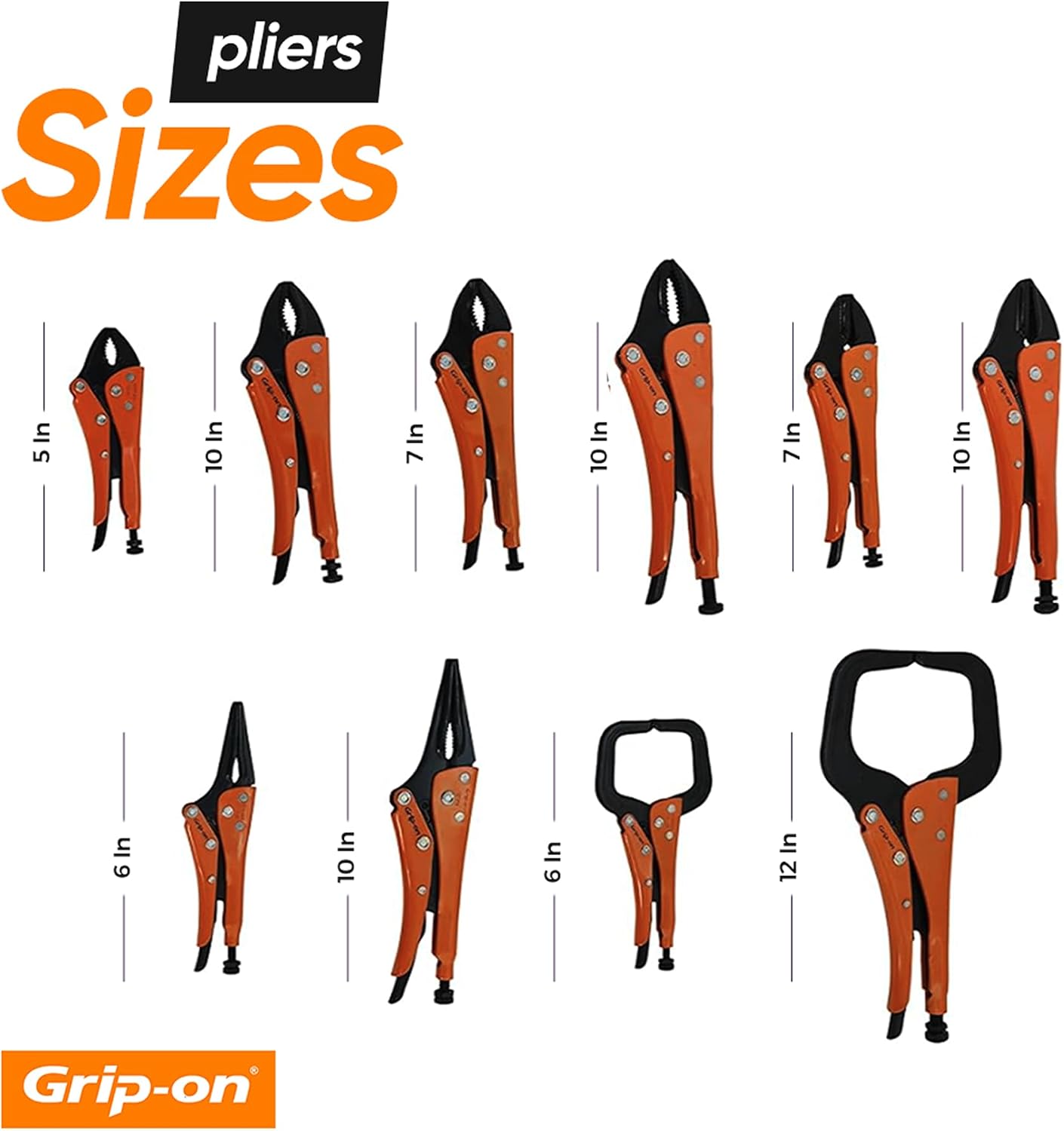 Grip-On 10 Piece Essential Locking Pliers and Clamp Set | Straight & Curved Jaws, Long Nose, Wire Cutter & C-Clamps | Premium Welding Pliers & Sheet Metal Tools with Storage Rack