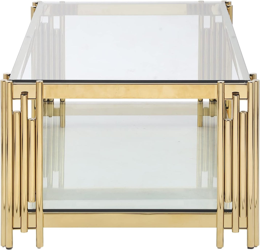 SSLine Clear Glass Coffee Table with Gold Stainless Steel Frame Luxury Rectangle 2-Tier Coffee Table for Living Room Modern Elegant Cocktail Center Table with Storage Shelves for Home Office
