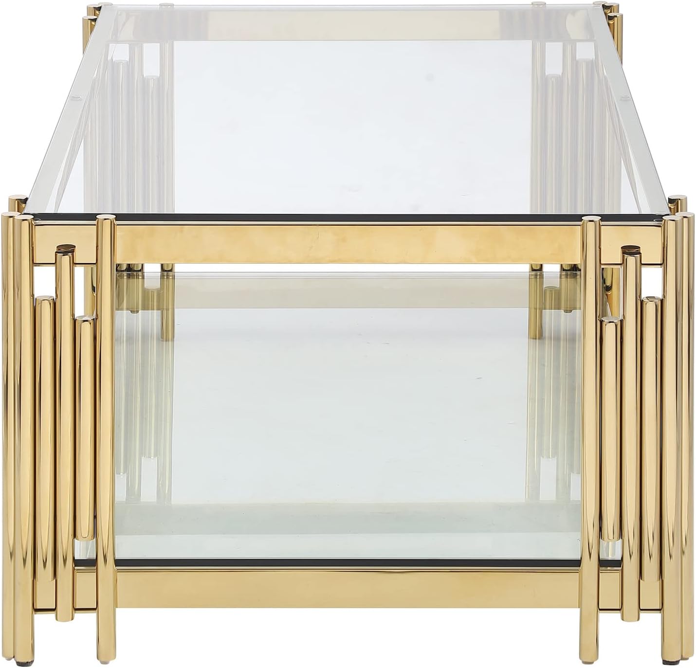 SSLine Clear Glass Coffee Table with Gold Stainless Steel Frame Luxury Rectangle 2-Tier Coffee Table for Living Room Modern Elegant Cocktail Center Table with Storage Shelves for Home Office