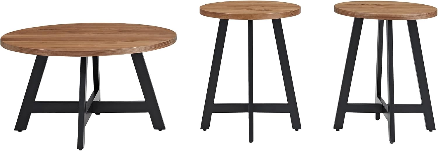 Lavish Home 3-Piece Coffee Table Set - Industrial Modern Round Coffee Table and 2 Side Tables - for Living Room, Apartment, or Dorm Room (Walnut)