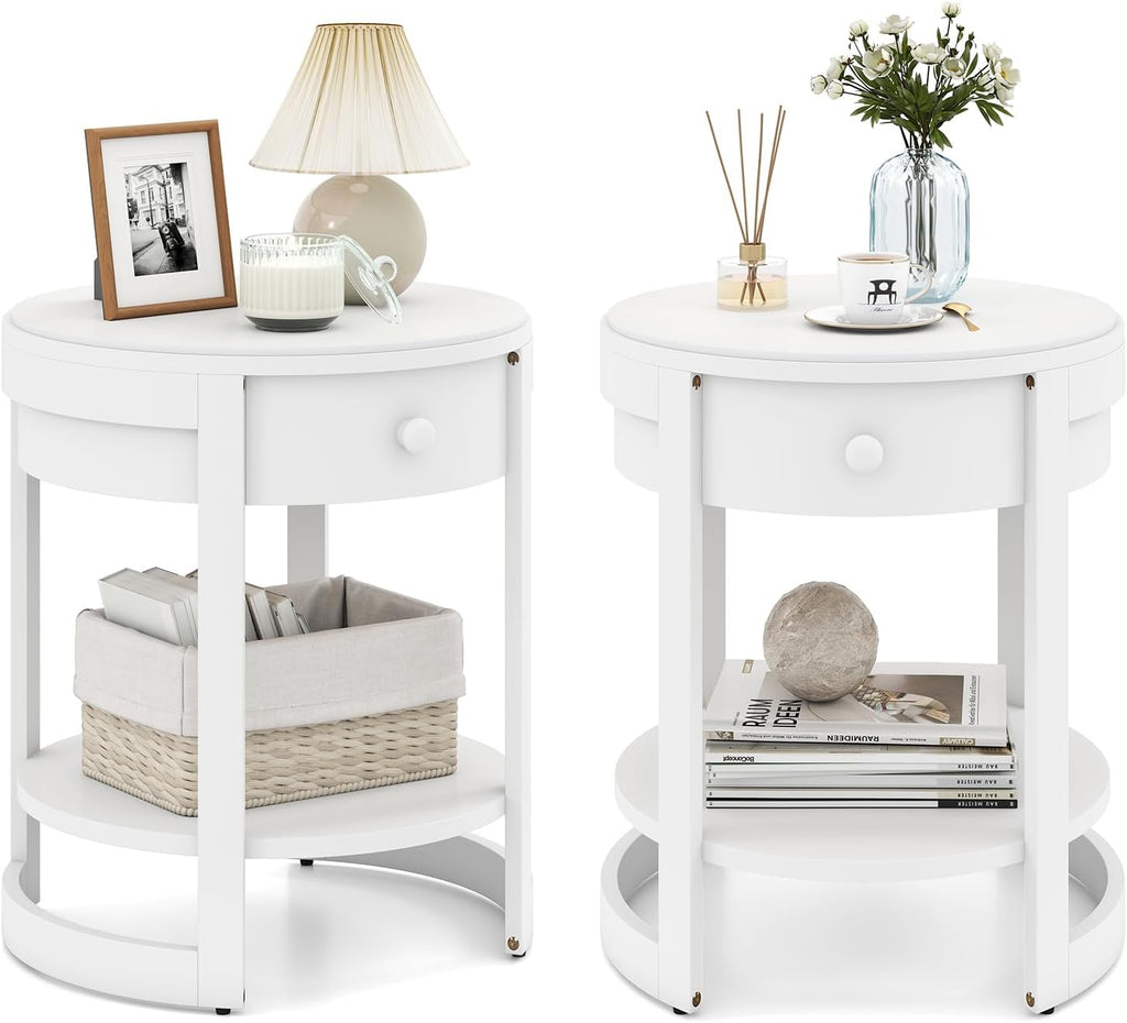 Giantex Round Side Table Set of 2, 2-Tier Wooden End Table with Drawer and Shelf, Vintage Wood Grain Finish, Modern Circle Night Stand for Living Room Bedroom, White