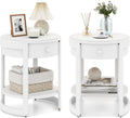 Giantex Round Side Table Set of 2, 2-Tier Wooden End Table with Drawer and Shelf, Vintage Wood Grain Finish, Modern Circle Night Stand for Living Room Bedroom, White