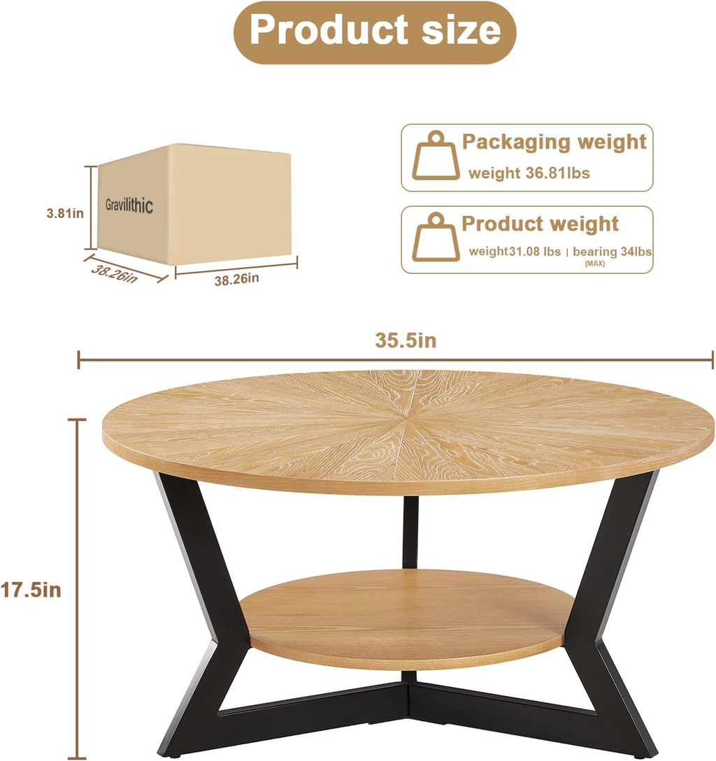Round Coffee Table, Wood Circle Coffee Table with 2-Tier Storage, Center Table for Living Room Bedroom Office Apartment, Easy Assembly, 35'x 18'Inches, Light Brown