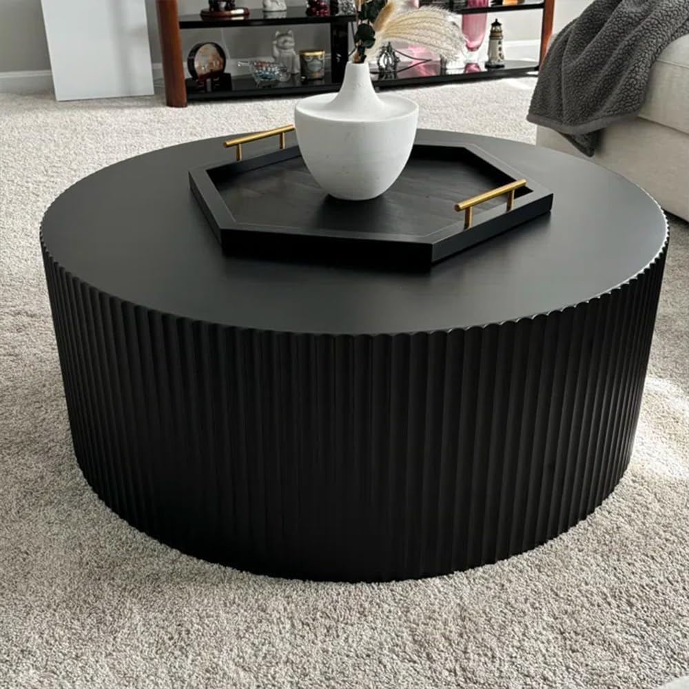 Black Round Coffee Table, Modern Nesting Coffee Table End Table Set for Living Room, Wood Circle Drum Side Table, Matte Black