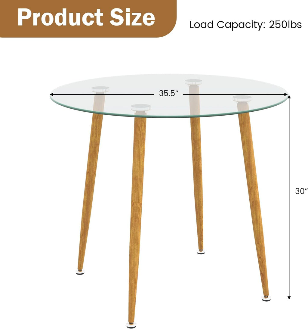 Giantex Round Glass Dining Table, 35.5' D x 30' H Kitchen Dinner Table w/Tempered Glass Tabletop & Metal Legs, Circle Leisure Coffee Table for Dining Room & Living Room, Clear & Natural, 2 Pack