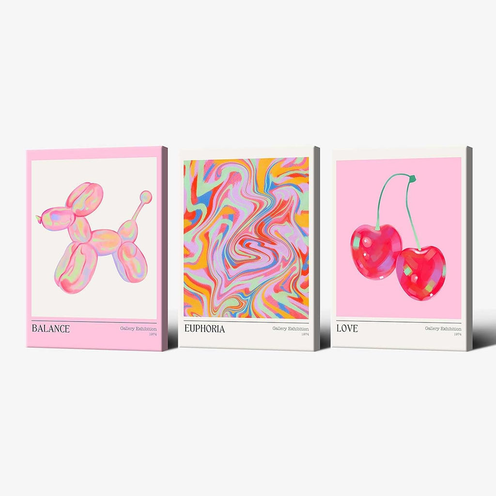 Trendy Set Of 3 Pink Cherry Cute Balloon Dog Posters Preppy Style Room Aesthetic Canvas Wall Art Gradient Aura Fresh Fruit Prints Painting For Home Bedroom Dorm Wall Decor 16X24in Wooden Frame