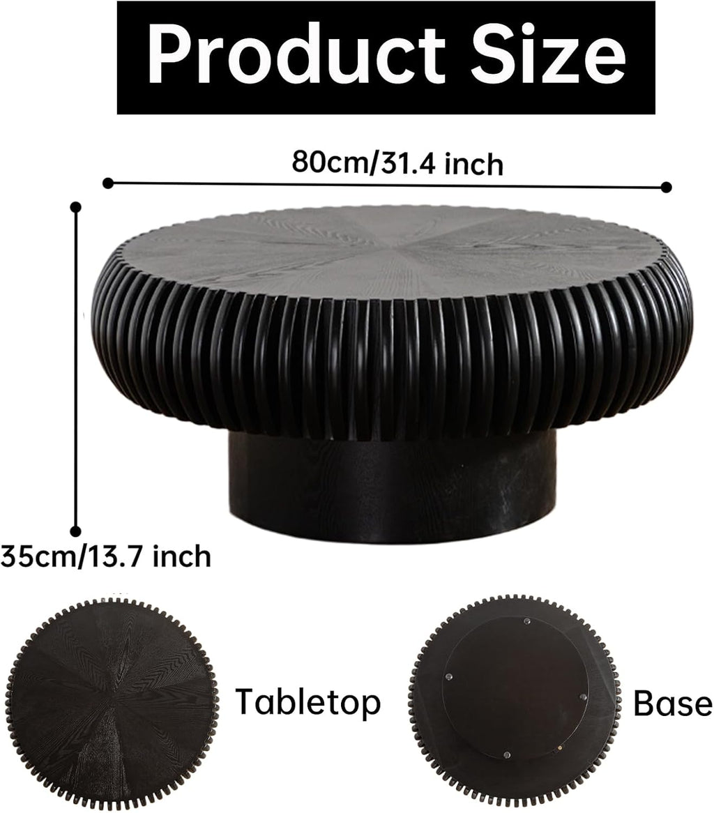 Round Coffee Table for Living Room Modern Black Fluted Coffee Table Round Drum Coffee Tables Low Circle Pedestal Center Table for Small Spaces (A Black, 31.4 in)