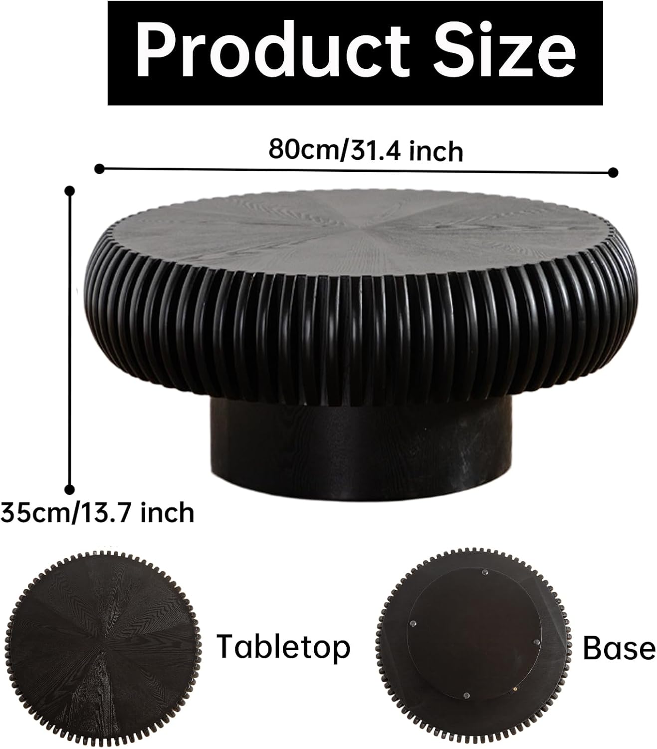 Round Coffee Table for Living Room Modern Black Fluted Coffee Table Round Drum Coffee Tables Low Circle Pedestal Center Table for Small Spaces (A Black, 31.4 in)