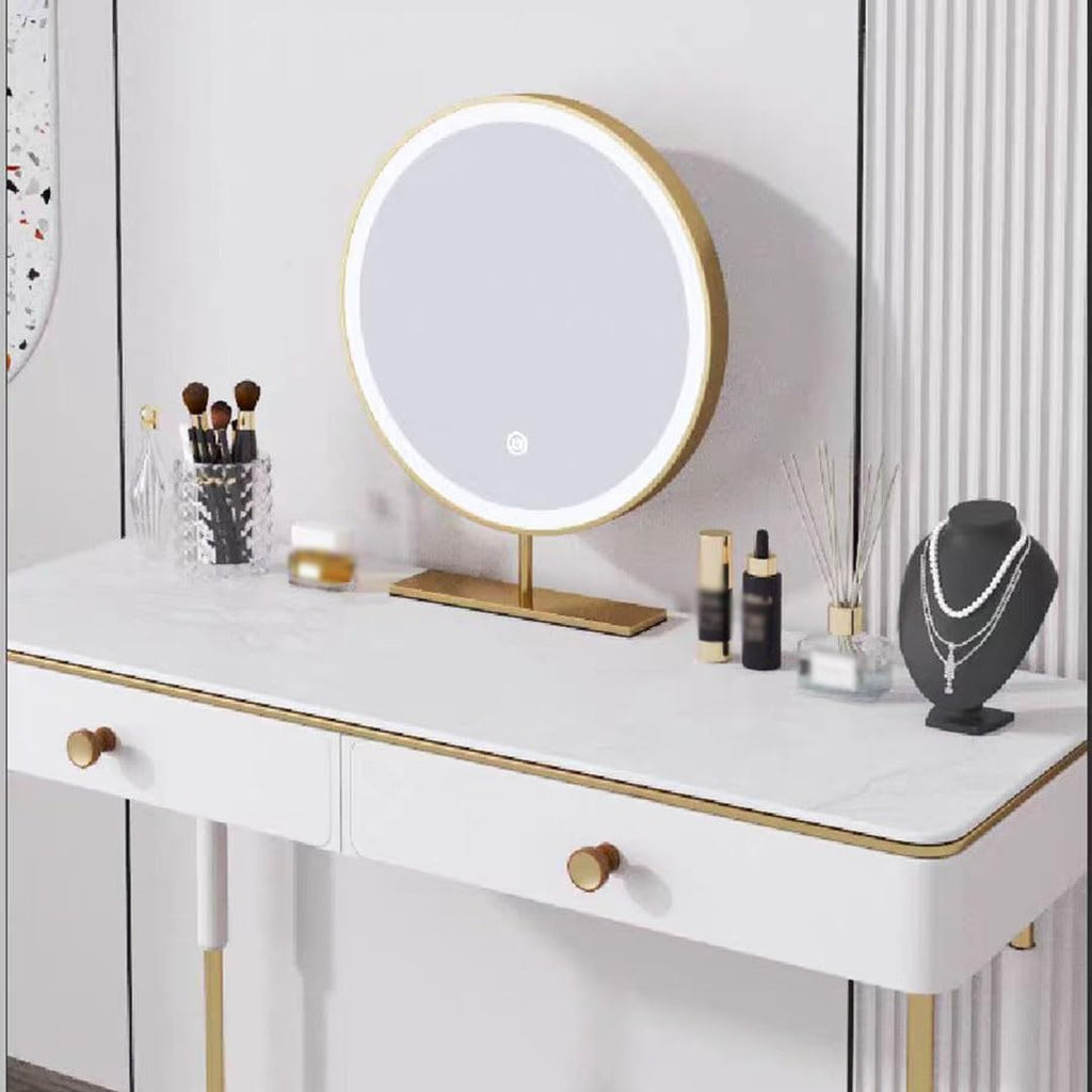 Freestanding Round Vanity Mirror with Led Lights, Bedroom Illuminated Tabletop Mirrors, 3 Color Lighting Stainless Steel Frame Cosmetic Mirror - Touch Switch (Color : Gold, Size : 50x50cm/20x20in) (G