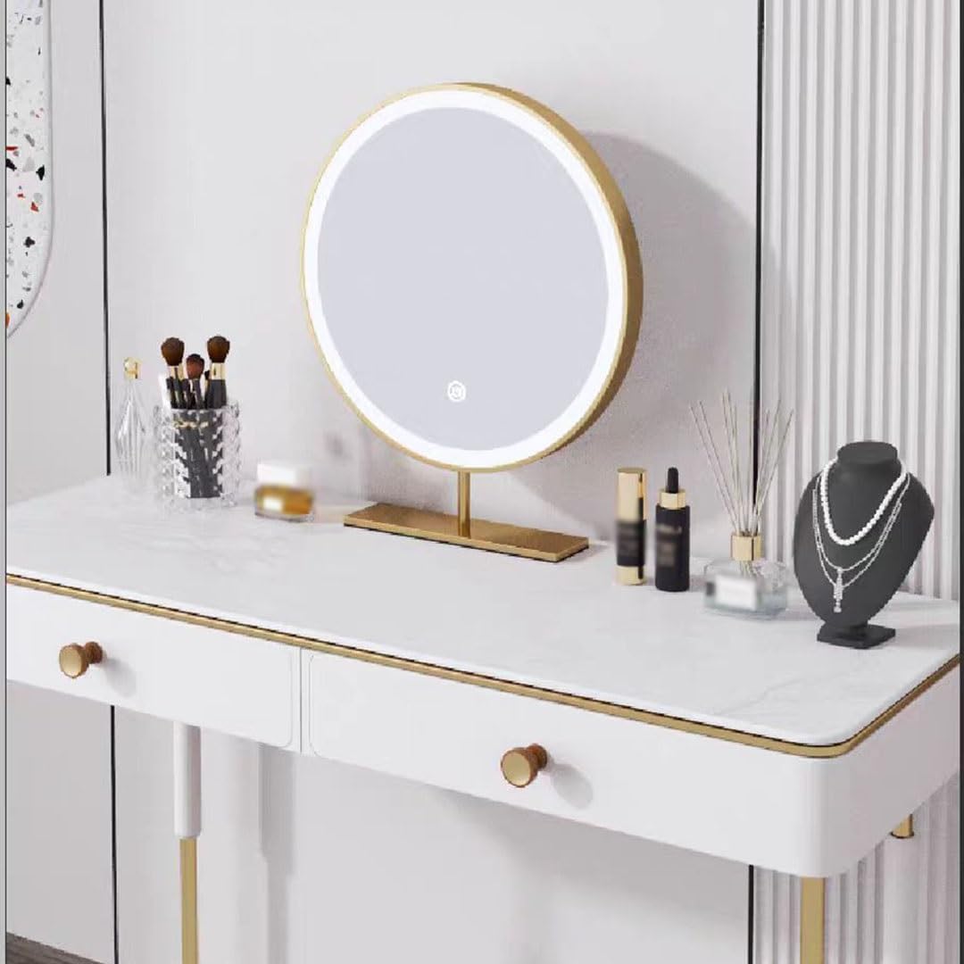 Freestanding Round Vanity Mirror with Led Lights, Bedroom Illuminated Tabletop Mirrors, 3 Color Lighting Stainless Steel Frame Cosmetic Mirror - Touch Switch (Color : Gold, Size : 50x50cm/20x20in) (G