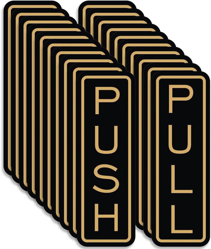All Quality Classic Vertical Push Pull Door Signs - Great for Glass Doors | Professional Looking Signs | Easy Installation Includes Double-Sided Foam Adhesive Tape (Black/Gold) - Medium (10 Pack)