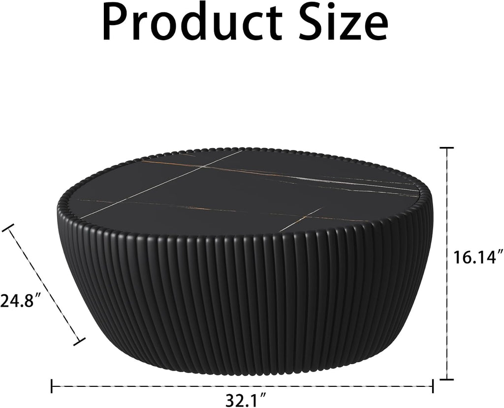 32'' Goose Egg Shaped Coffee Table, Black Sintered Stone Top with Unique Pattern & Leather Wrapped, Modern Side Sofa Table, No Assembly