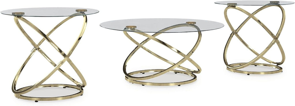 Signature Design by Ashley Crimonti Modern Table with Tempered Glass, Set of 3, Metallic & Clear