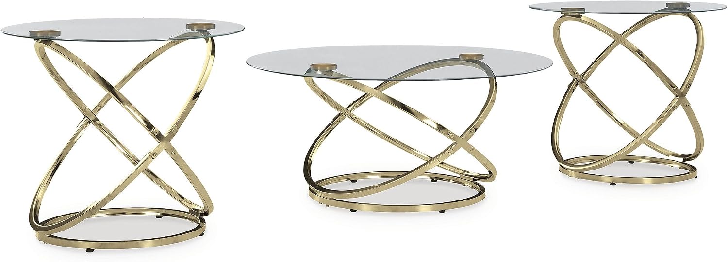 Signature Design by Ashley Crimonti Modern Table with Tempered Glass, Set of 3, Metallic & Clear