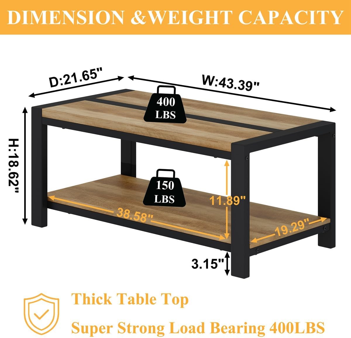 BON AUGURE 43 Inch Coffee Table, Wood and Metal Coffee Tables for Living Room, Rectangle Living Room Table, Small Farmhouse Center Tables for Home Office (Vintage Oak)