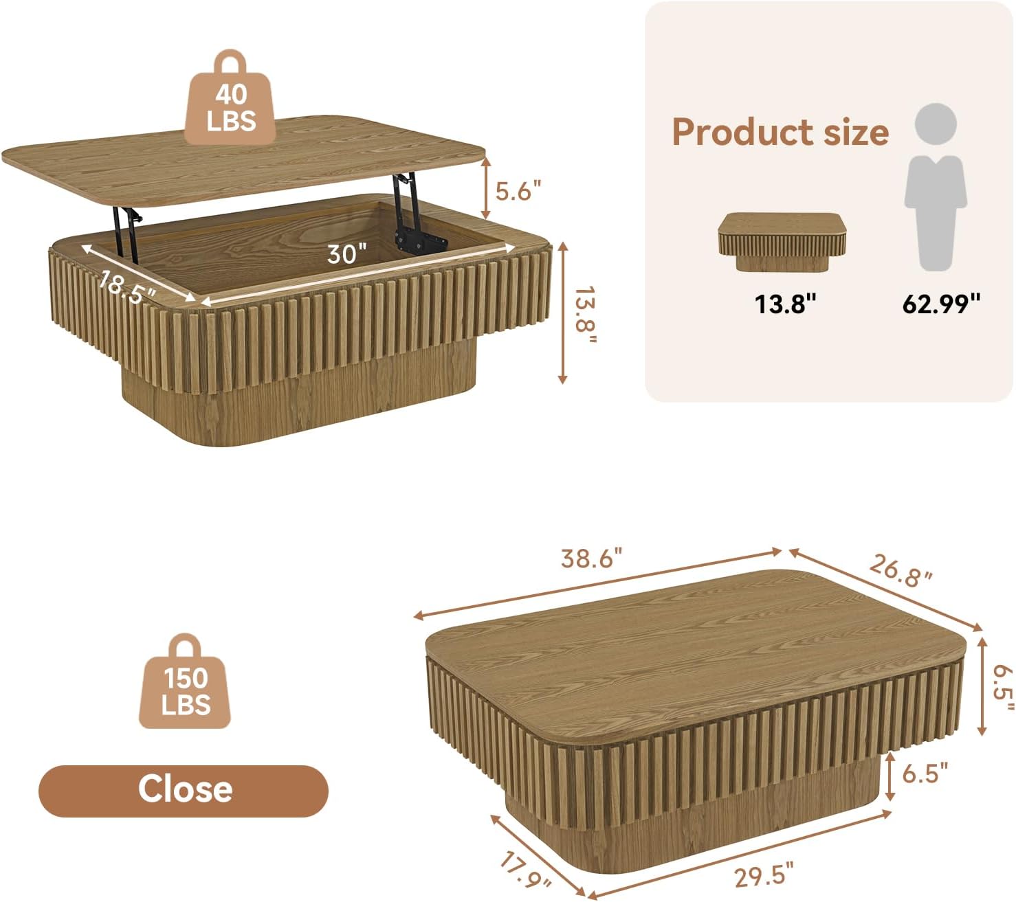 Lift Top Coffee Table for Living Room, Fluted Coffee Tables with Storage, Solid Wood Veneered Modern Accent Tea Center Table for Small Space Apartment (Natural-38.6''D×26.8''H)