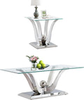 Modern Silver Glass Coffee Table Set of 2, Clear Glass Coffee Table and End Side Table Set with Stainless Steel Frame, Luxury Silver 2 Piece Living Room Table Set for Home Office Apartment
