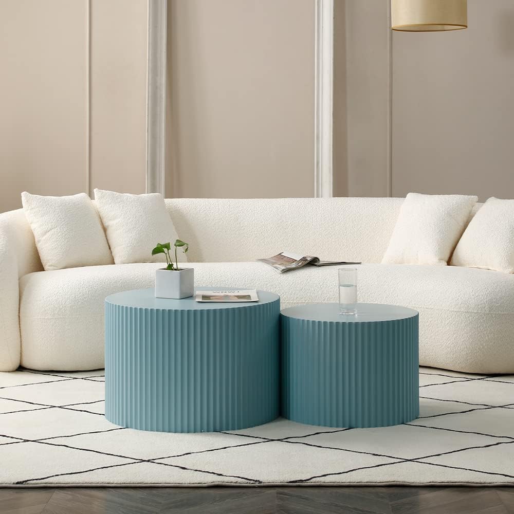 KEVINSPACE Nesting Coffee Table Set of 2, Modern Round Wooden Coffee Tables Luxury Side Table Circle Coffee Table Accent End Table for Living Room Apartment No Installation Required 23.62' Φ Blue