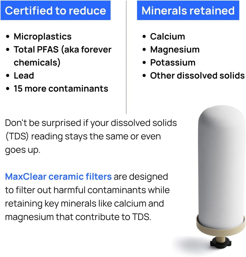 Culligan MaxClear 7' Gravity Water Filter Replacement Compatible with ProOne & Berkey Water Filter Systems, Ceramic & Carbon Filter NSF/ANSI Certified, Reduce Total PFAS, Microplastics & Lead, 3-Pack