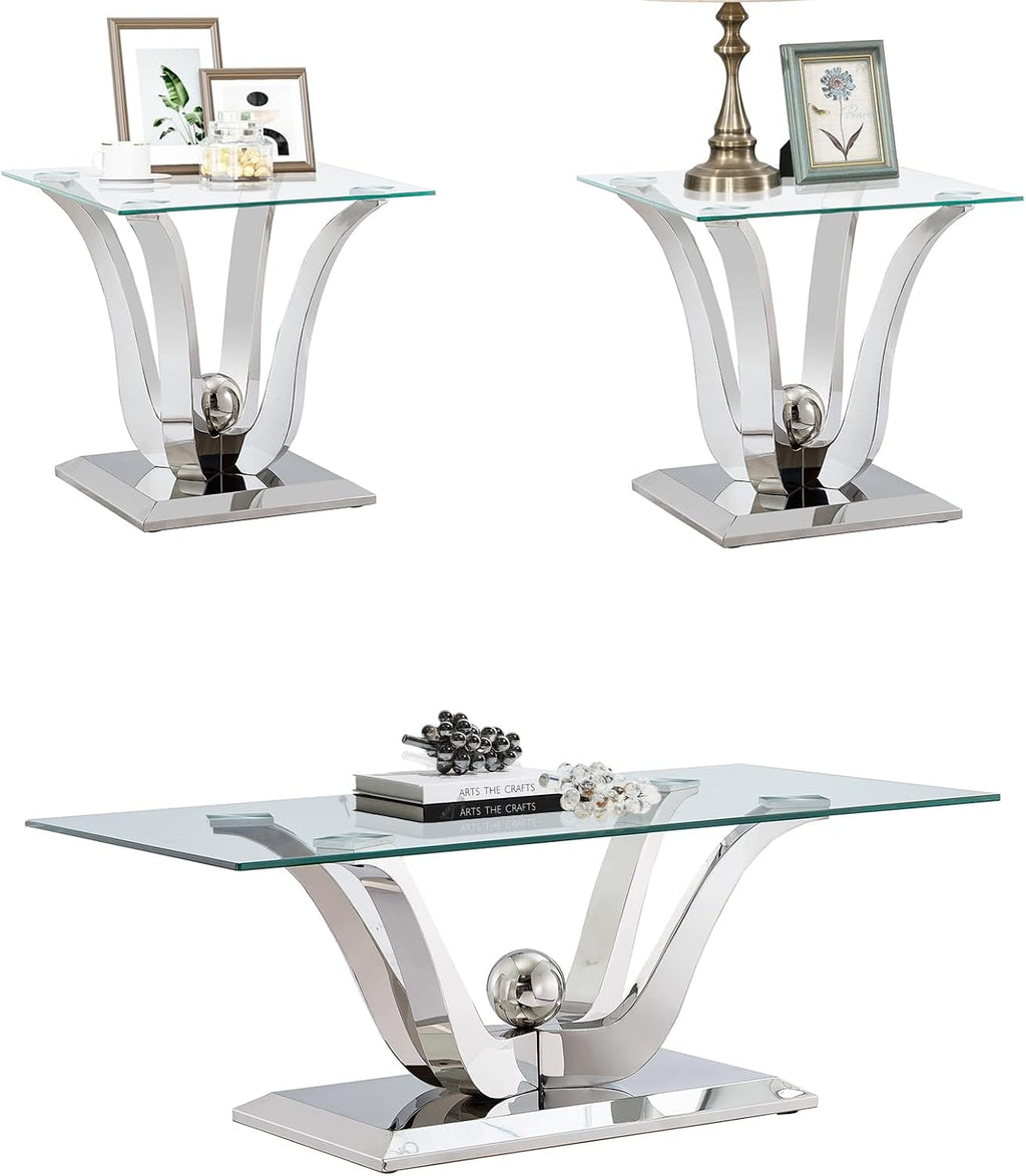 Glass Coffee Table Set of 3, Silver Coffee Table with 2 Square End Side Tables, Modern 3 Piece Living Room Table Set with Gorgeous Stainless Steel Frame for Apartment Home Office,Easy Assembly