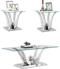 Glass Coffee Table Set of 3, Silver Coffee Table with 2 Square End Side Tables, Modern 3 Piece Living Room Table Set with Gorgeous Stainless Steel Frame for Apartment Home Office,Easy Assembly