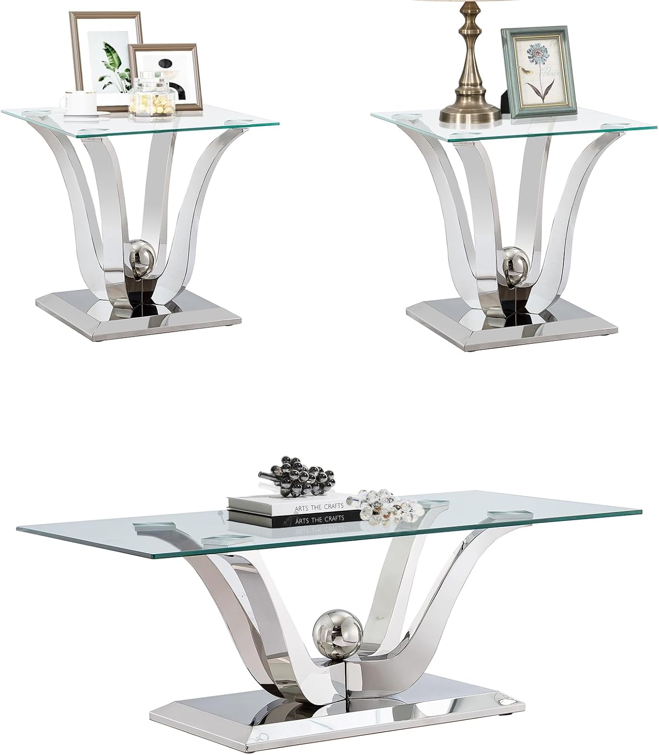 SSLine Modern 3 Piece Living Room Table Set, Includes 1 Coffee Table & 2 End Tables, Luxury Tempered Glass Coffee End Table Set with Flower-Shaped Stainless Steel Base