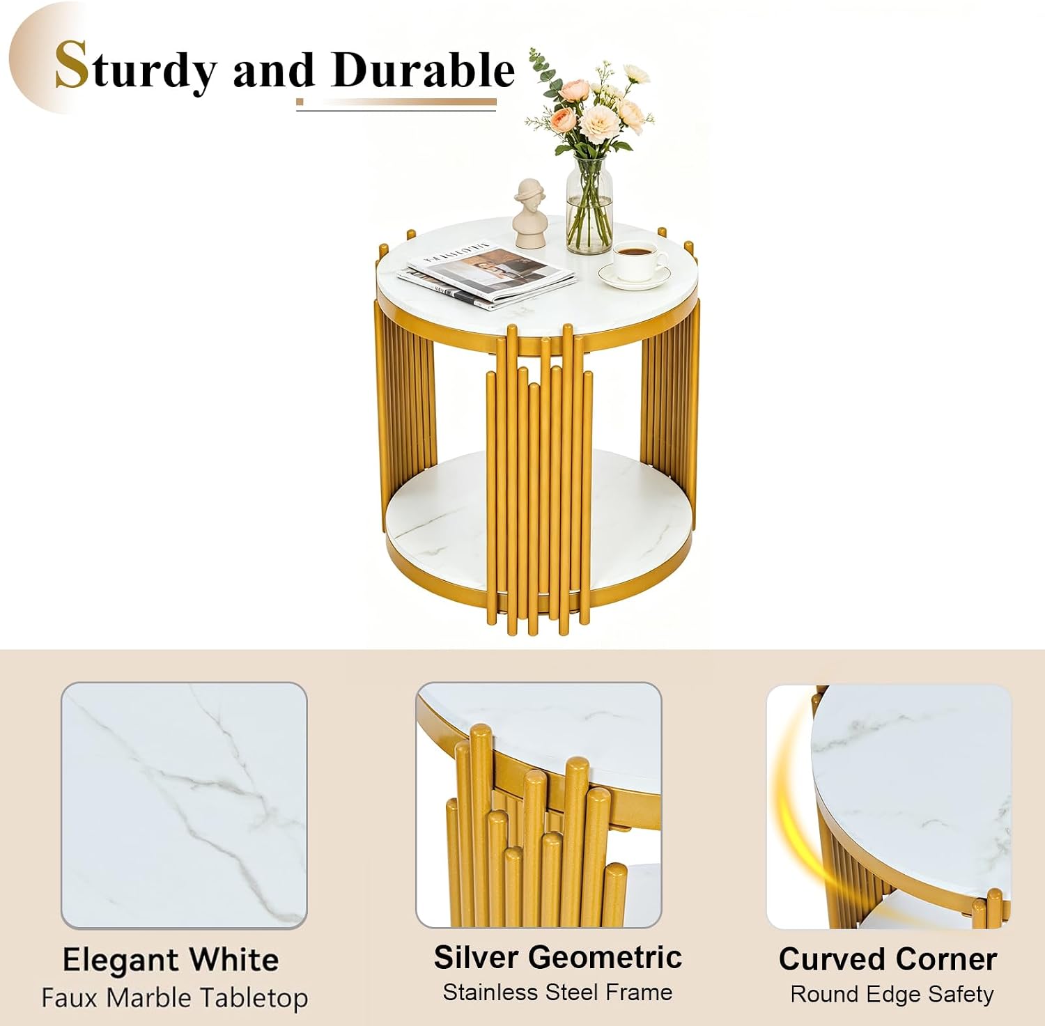 Round Marble Side Table Set of 2 Luxury 2-Tier End Table with Gold Metal Frame Modern Living Room Table Elegant White Nightstand Sofa Side Table with Storage Shelves