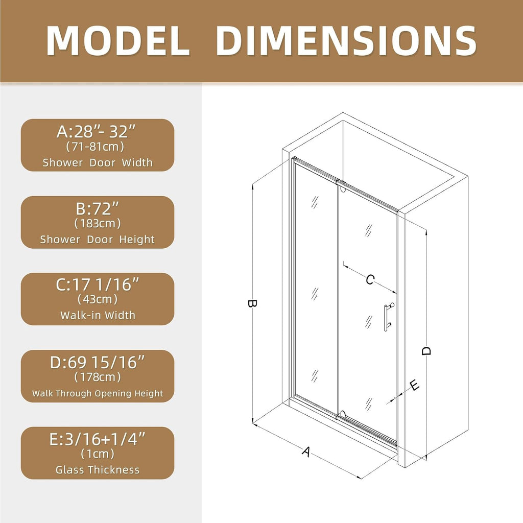 28-32' W x 72' H Pivot Glass Shower Door,Semi-Frameless Pivot Swing Glass Shower Door,with 1/4'(6mm) Clear SGCC Tempered Glass,Reversible Installation,Chrome Finish