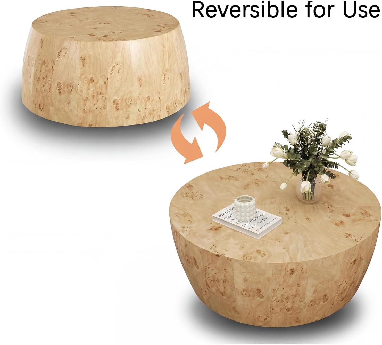 YYQ Upgraded 34.6' Round Coffee Table for Living Room, Burl Faux Marble Pattern Coffee Table, Reversible Drum Coffee Table, Tea Table Wooden Table for Home Office, No Assembly Required