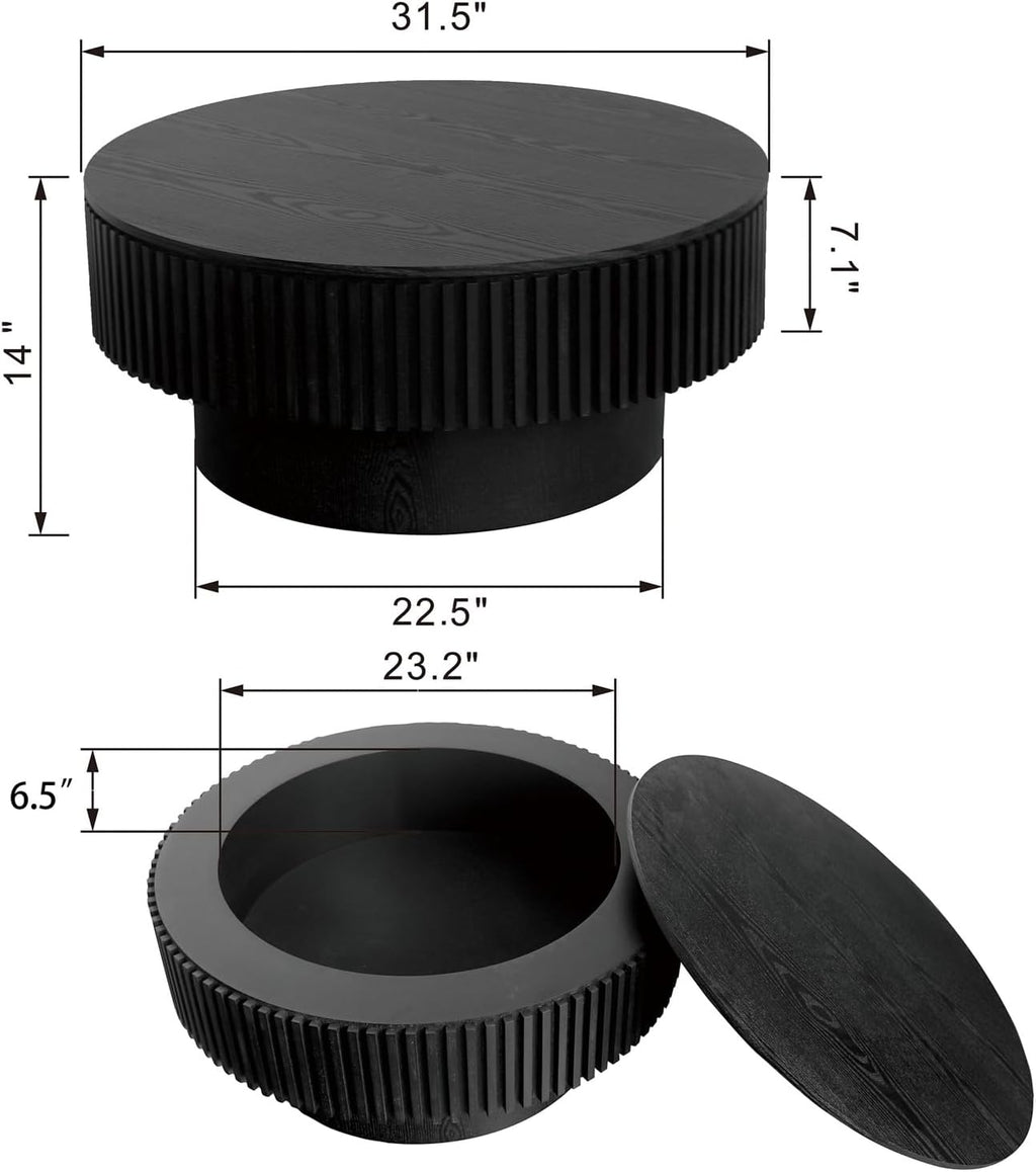 31.5'' Round Coffee Table for Living Room, Fluted Coffee Table with Hidden Storage, Solid Wood Veneered Circle Table, Modern Tea Table for Small Space Apartment (Black)