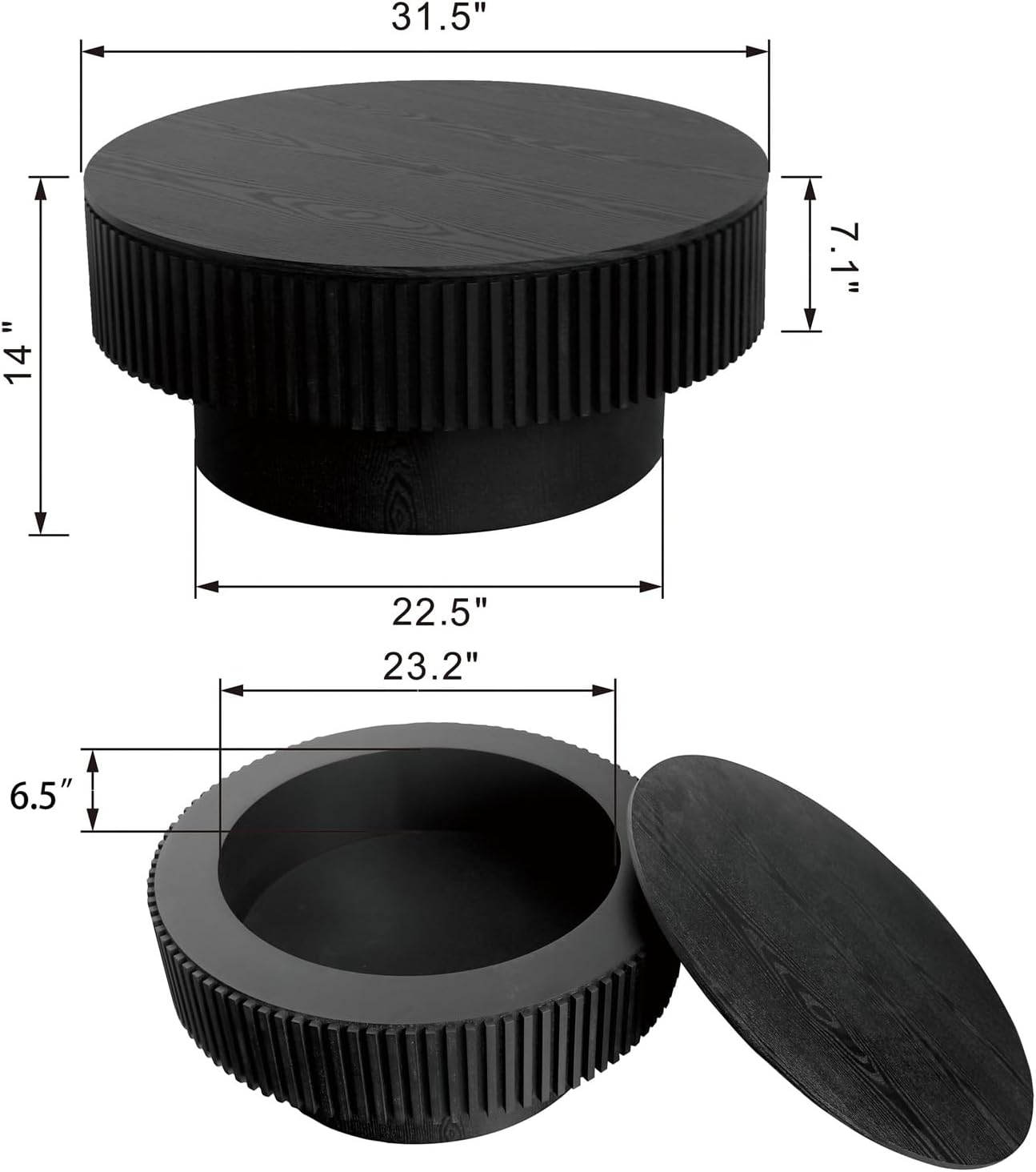 31.5'' Round Coffee Table for Living Room, Fluted Coffee Table with Hidden Storage, Solid Wood Veneered Circle Table, Modern Tea Table for Small Space Apartment (Black)
