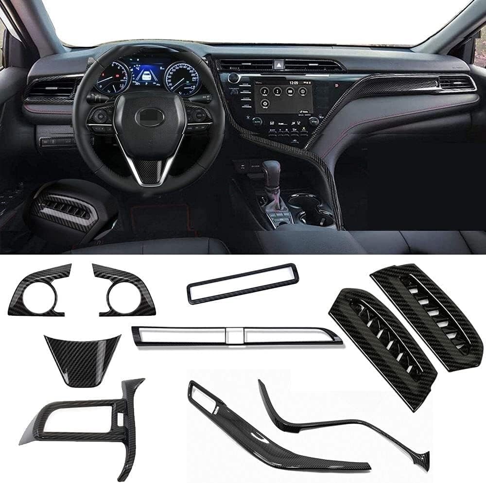 For Toyota Camry LE SE XLE XSE 2018 -2020 Models Carbon Fiber Black plastics ABS Full Set of Car Interiors Instrument Panel Center Console Trim Air Outlet Steering Wheel Cover Car Accessories 10pcs