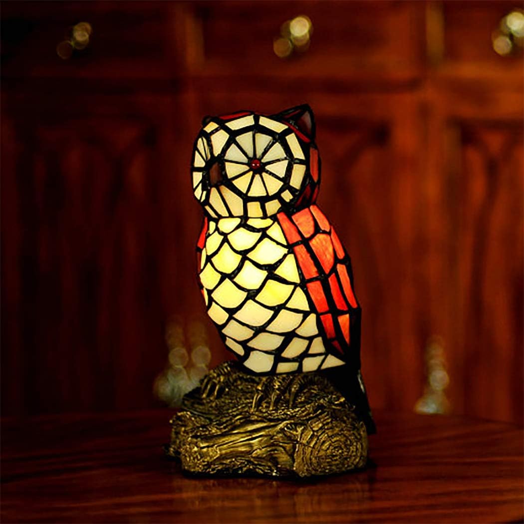 Tiffany Style Nightstand Lamp Mini Decoration Table Lamp Owl Red Stained Glass Shade Reading Lamp Bedroom Bedside Kids Room Decoration Lamp