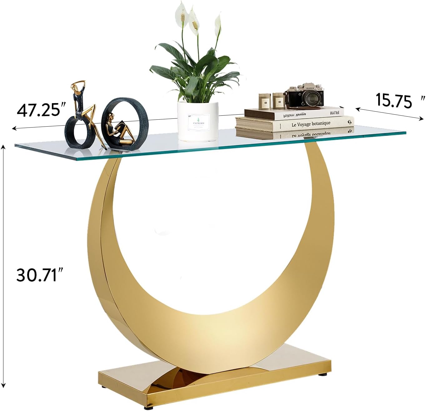 SSLine 1 Piece Living Room Console Table Luxury Glass Entryway Table,Modern Gold Console Table with Half Moon-Shape Stainless Steel Pedestal Base for Living Room Hallway Corridor(1 Console Table)