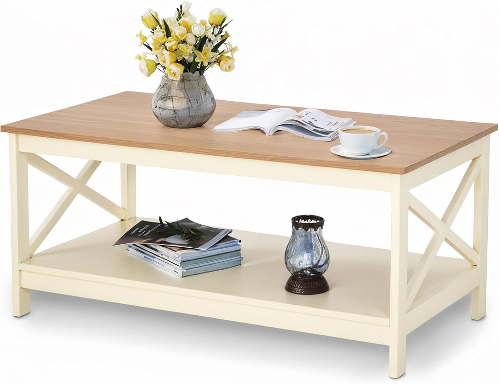 MAISON ARTS Farmhouse Coffee Table 39'', 2-Tier Coffee Table Set with Storage for Living Room, X-Frame Design Rustic Center Table, Easy Assembly, Ivory White