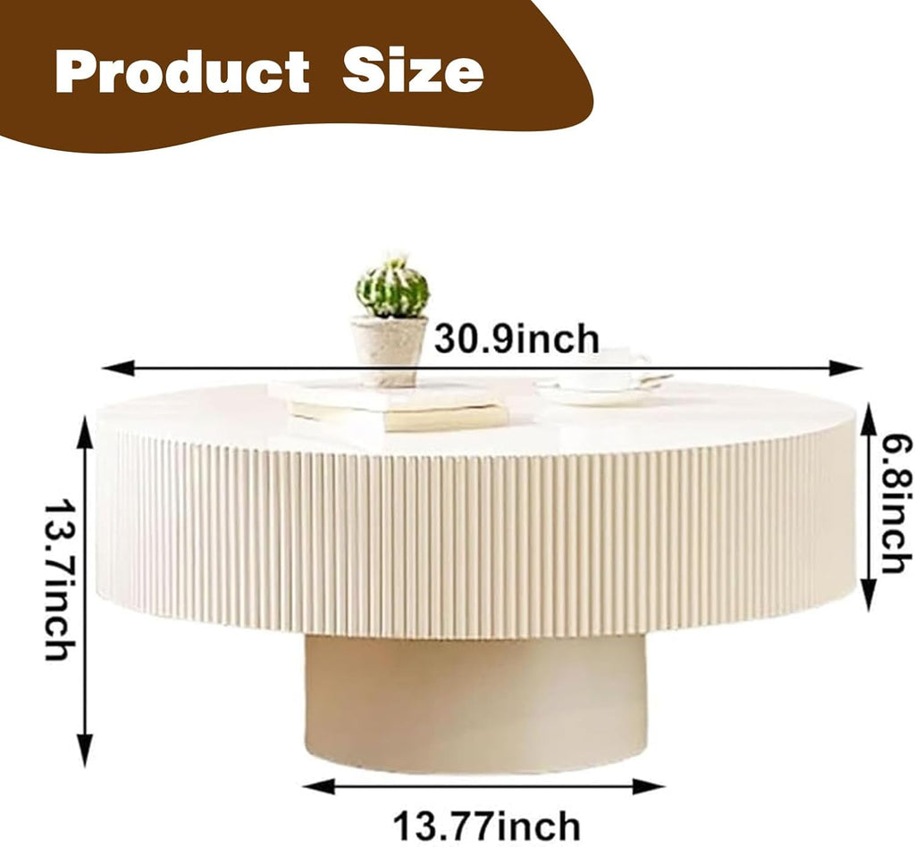 Round Drum Coffee Table White Fluted Coffee Table Circle Center Table Pedestal End Table for Apartment (Cream White)