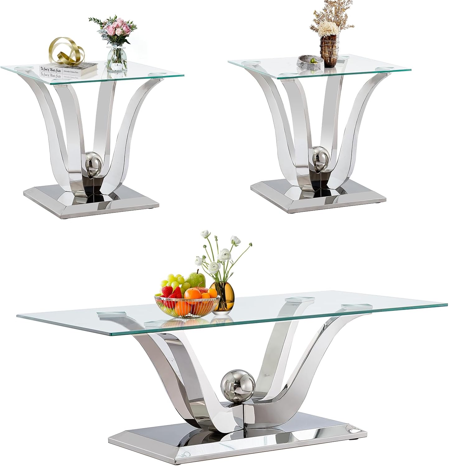 3 Pieces Living Room Table Set, Glass Coffee Table Set of 3, Modern Coffee Table and 2 End Tables with Dual U-Shaped Stainless Steel Base for Living Room (Silver)
