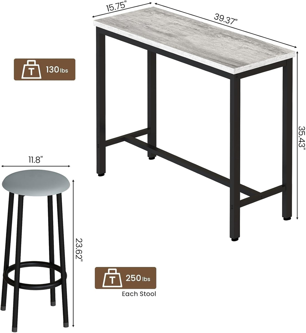 AWQM 39.3' Bar Table Set of 2,Faux Marble Pub Height Table and Chairs Set of 2 with Upholstered Stools,3 Piece Bar Table and Chairs Set Dining Table Set for Living Room,Kitchen,Bar,Grey