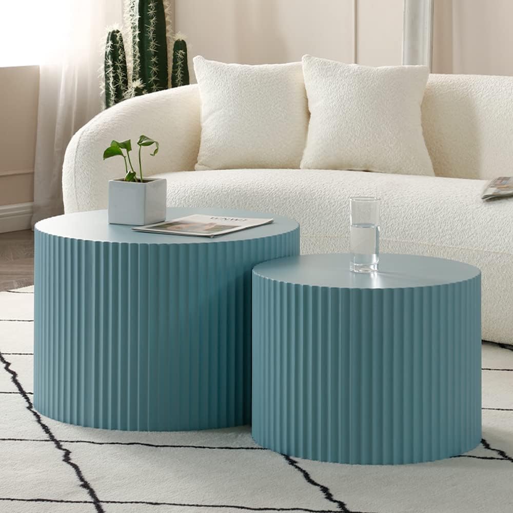 KEVINSPACE Nesting Coffee Table Set of 2, Modern Round Wooden Coffee Tables Luxury Side Table Circle Coffee Table Accent End Table for Living Room Apartment No Installation Required 23.62' Φ Blue