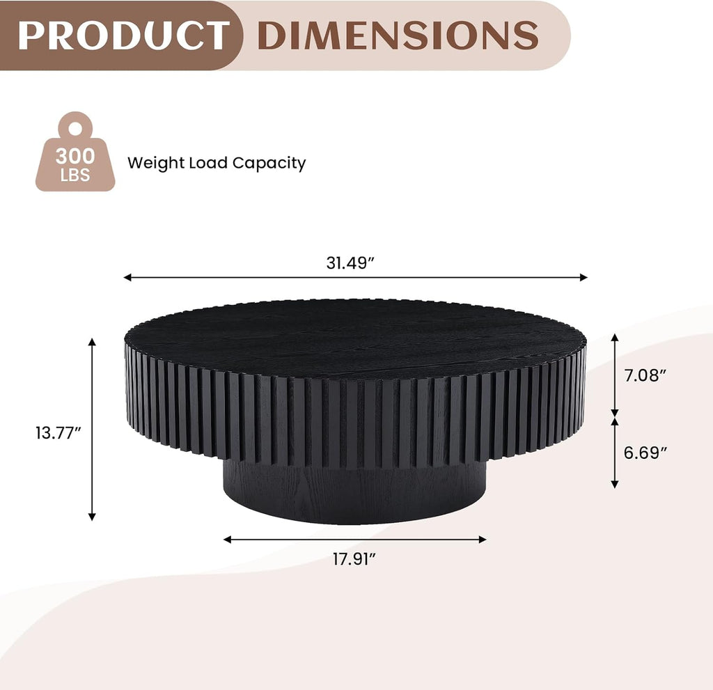 31.49' Round Coffee Table Wood, Modern Unique Circle Coffee Table, Contemporary Oak Drum Fluted Accent Side Table Center for Living Room, Small Space, Apartment, Black